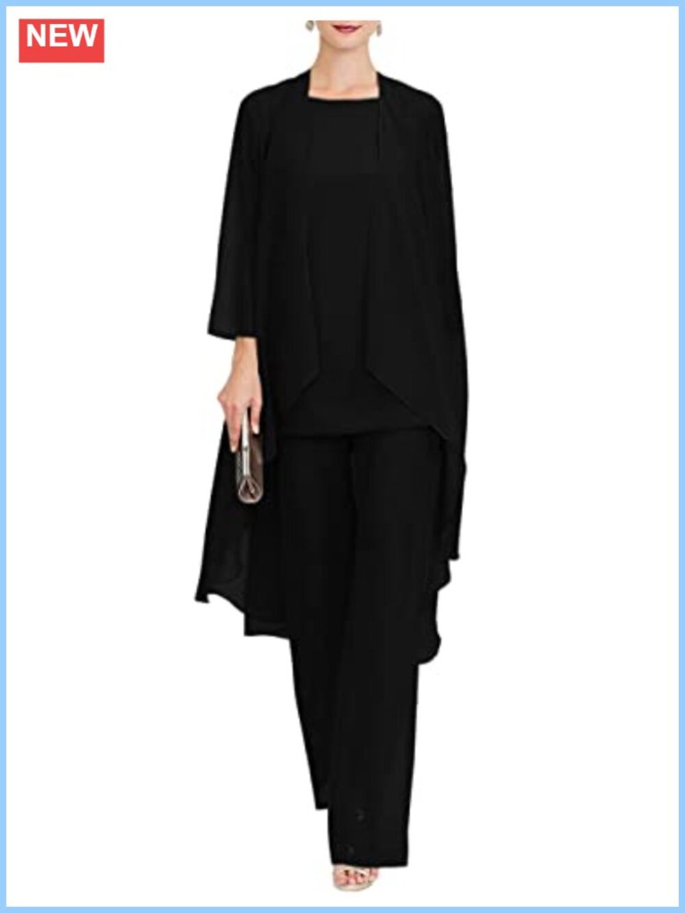 Women's 3-Piece Chiffon Pant Suit Set Sleeveless Top Trousers Jacket Formal